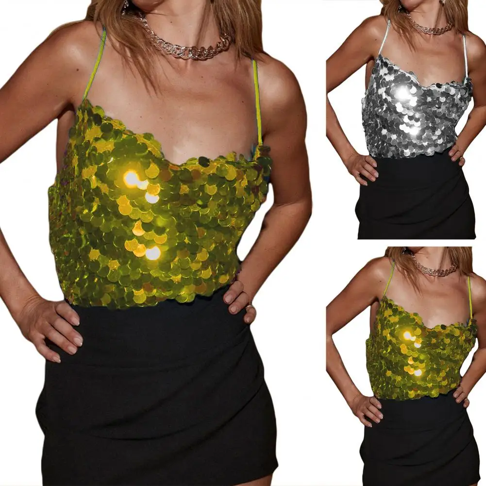 Shiny Sequin Vest Sparkling Sequin Club Vest Low-cut Cross Back Top for Performance Stage Show Pole Dance Sexy Sleeveless Vest