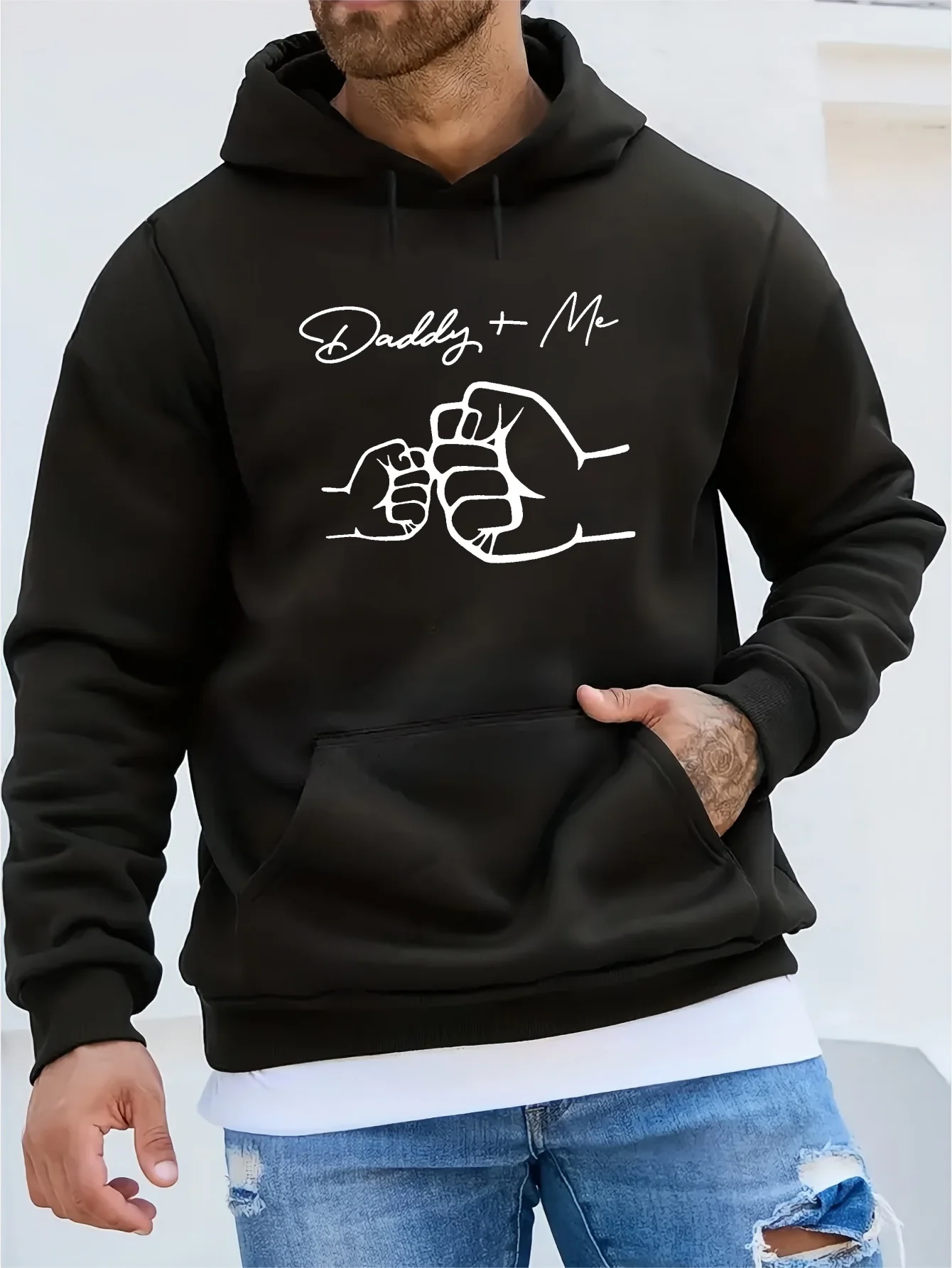 

DADDY + ME Print Kangaroo Pocket Fleece Sweatshirt Hoodie Pullover, Fashion Street Style Long Sleeve Sports Tops, Graphic