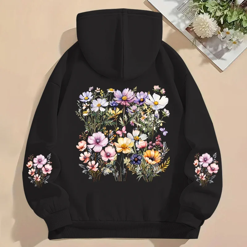 Boho Style Wild Flower Daisy Graphic Hoodie Women Long Sleeve Autumn Hooded Vintage Flower Trend Fashion Sweatshirts with Pocket