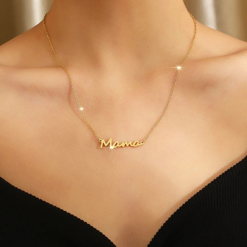 Cursive Mama Letter Pendant Necklace 316L Stainless Steel Gold Thin Cable Chain Mother's Day Mom Commemorative Anti Tarnish Coll