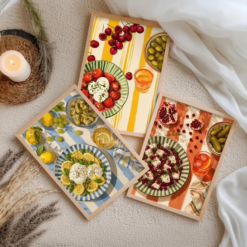 Mediterranean Food Flat Lay Poster Stickers Painting Self-Adhesive Mural HD Wall Decals for Bedroom Living Room Home Decor Gift