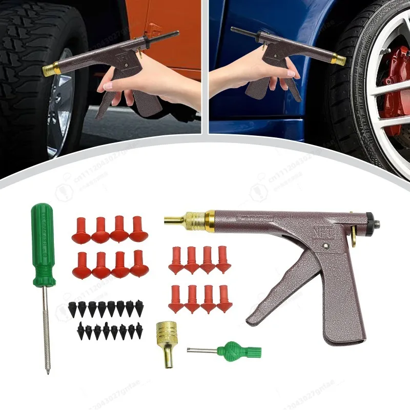 Vacuum Tire Repair Tool Kit Tubeless Tire Puncture Repair Gun Set Car Motorcycle Scooter Wheel Tyre Plugger w/Mushroom Plug& Box