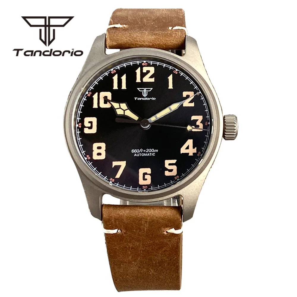 Tandorio 39mm Titan Material Fall 200m Dive Pilot Automatische Uhren für Männer Sapphire Glas Schraube Krone Leder Grün leucht
