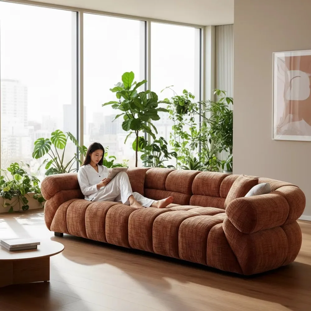 Italian Modern Minimalist Caramel Chenille Velvet Armchair Sofa Set, Sponge Filled Accent Furniture for Large Flat Living Room