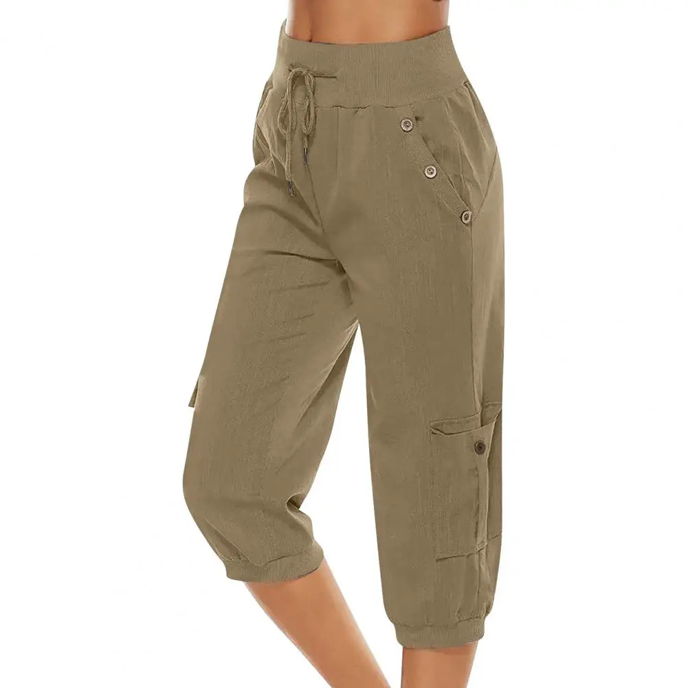 

Loose High Waist Women Cropped Pants Elastic Waist Multiple Pockets Drawstring Mid-calf Length Summer Pants