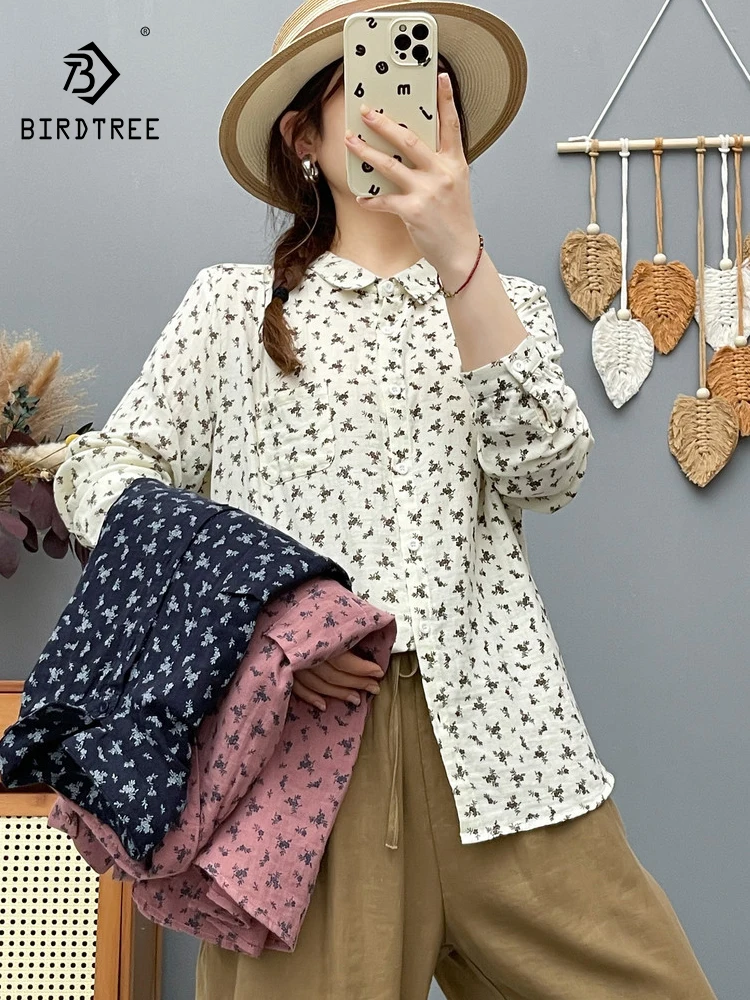 

Новинка 2025, осенняя рубашка с длинными рукавами из хлопковой пряжи, женская рубашка с отложным воротником и принтом, мягкая шикарная универсальная свободная блузка Mori Girl T57051CC