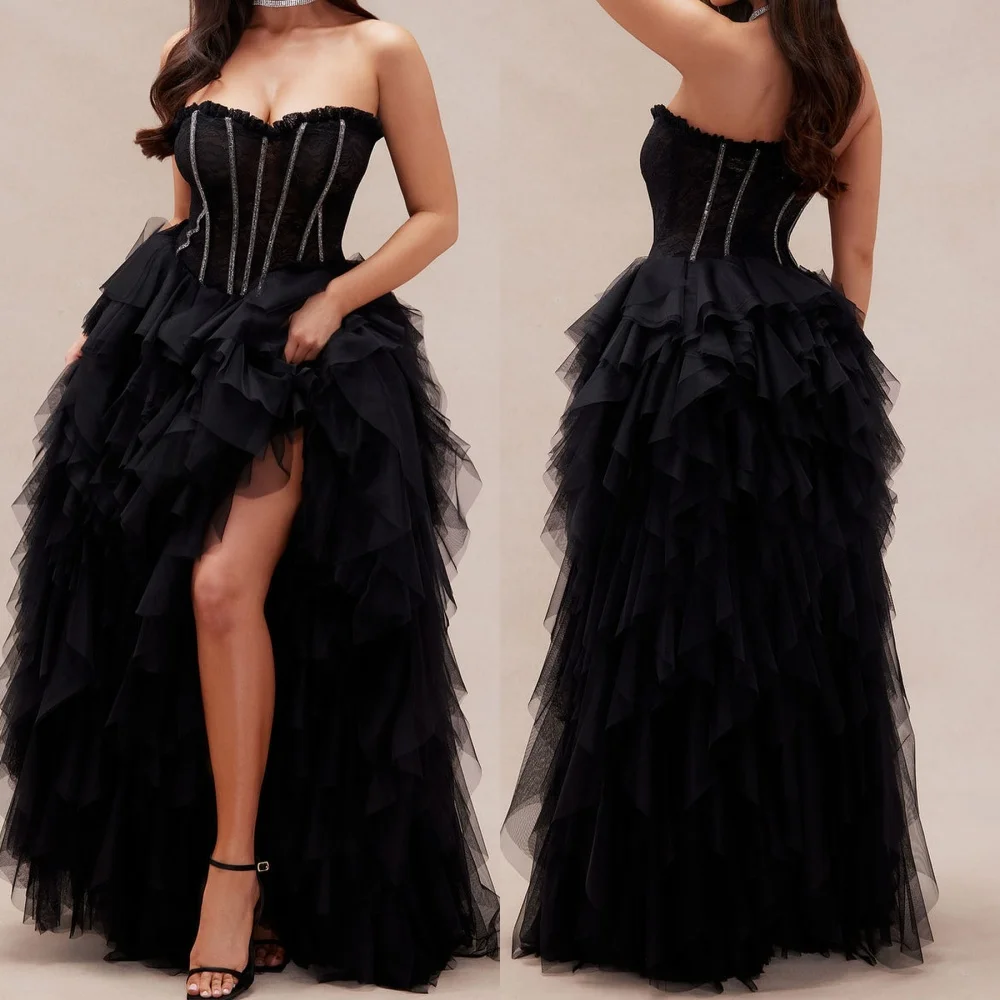 

Customized Exquisite Elegant Tulle Pleat Tiered Sequined A-line Strapless Long Dresses Bespoke Occasion Dresses Fashion Formal