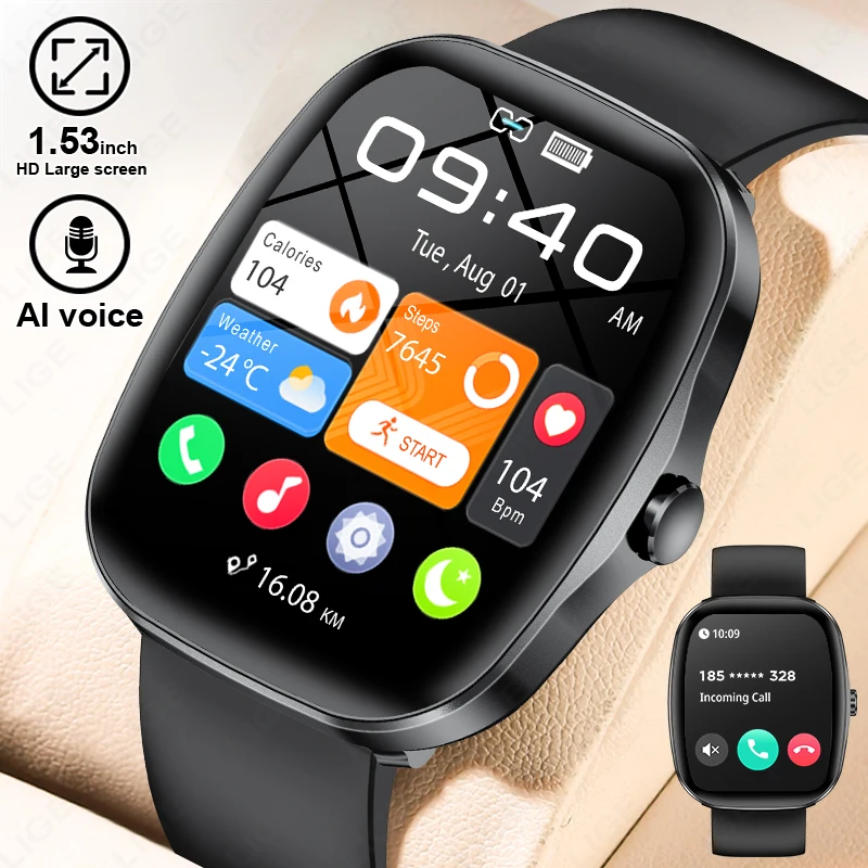 

LIGE 1.53-inch Smart Watch Men Full Touch Heart Rate Sleep Women‘s Health Monitor AI Voice Bluetooth Call Smartwatches Lady Gift