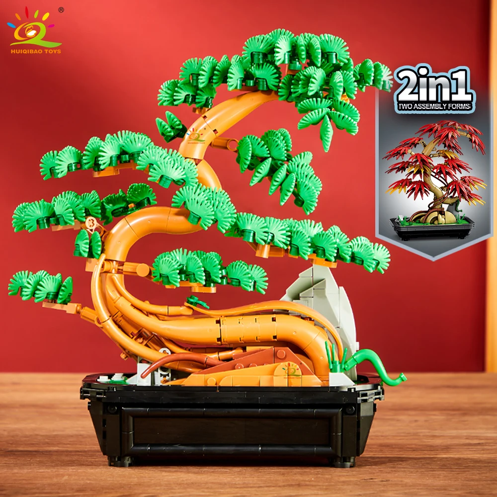 HUIQIBAO 1023PCS MOC Maple Pine or Red Maple Leaves Bonsai Model Micro Building Block Brick Toy For Children Home Decoration