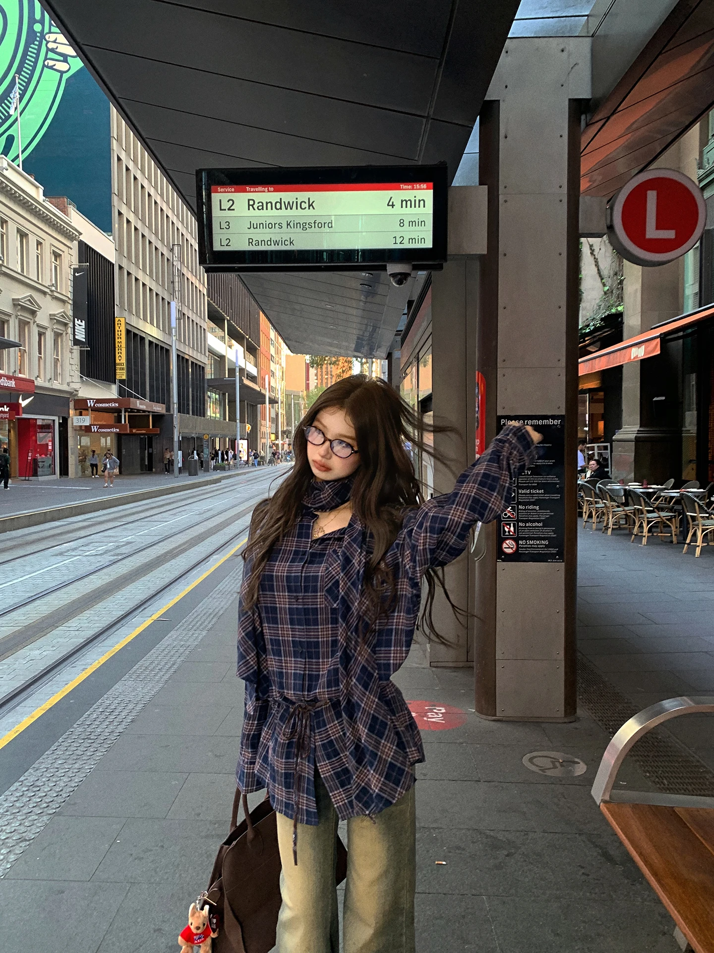 

Tongiiuu Retro Contrast Color Plaid Casual Loose Women's irt Slimming Waist Cinched Winter Long Sve Cotton Blend Top