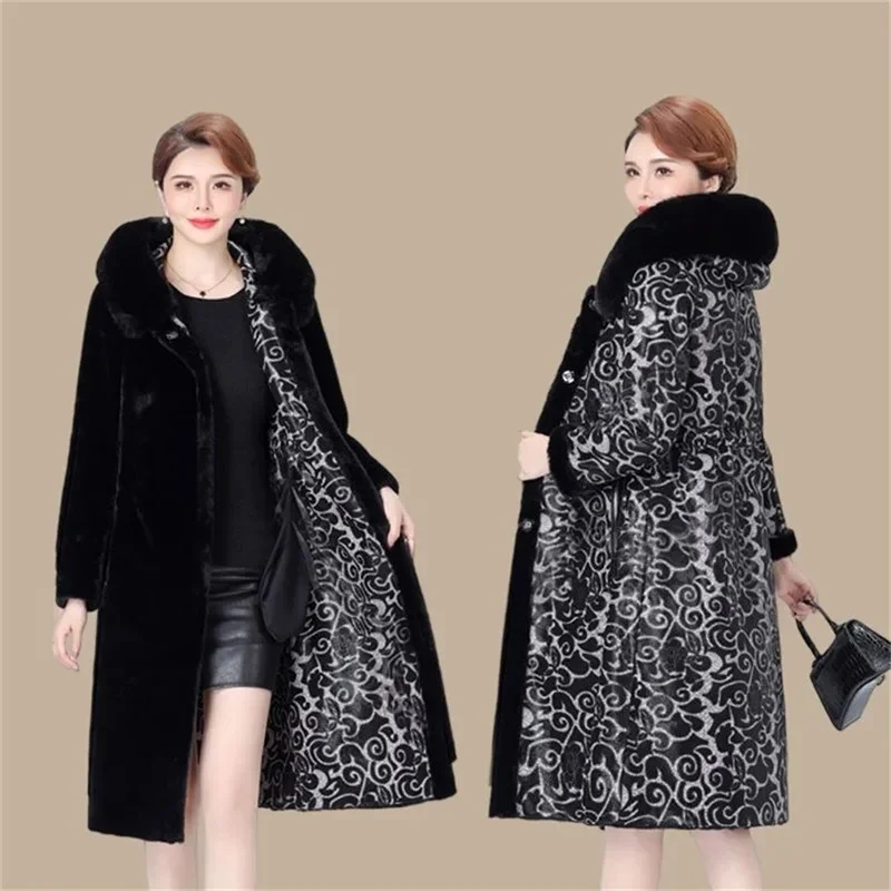 7XLHigh Quality Fur Coat Women Two Sides Wear 2024 Mother's Coat Thick Warm Long Jacket With Hood Liner Plush Coat Fur Collar