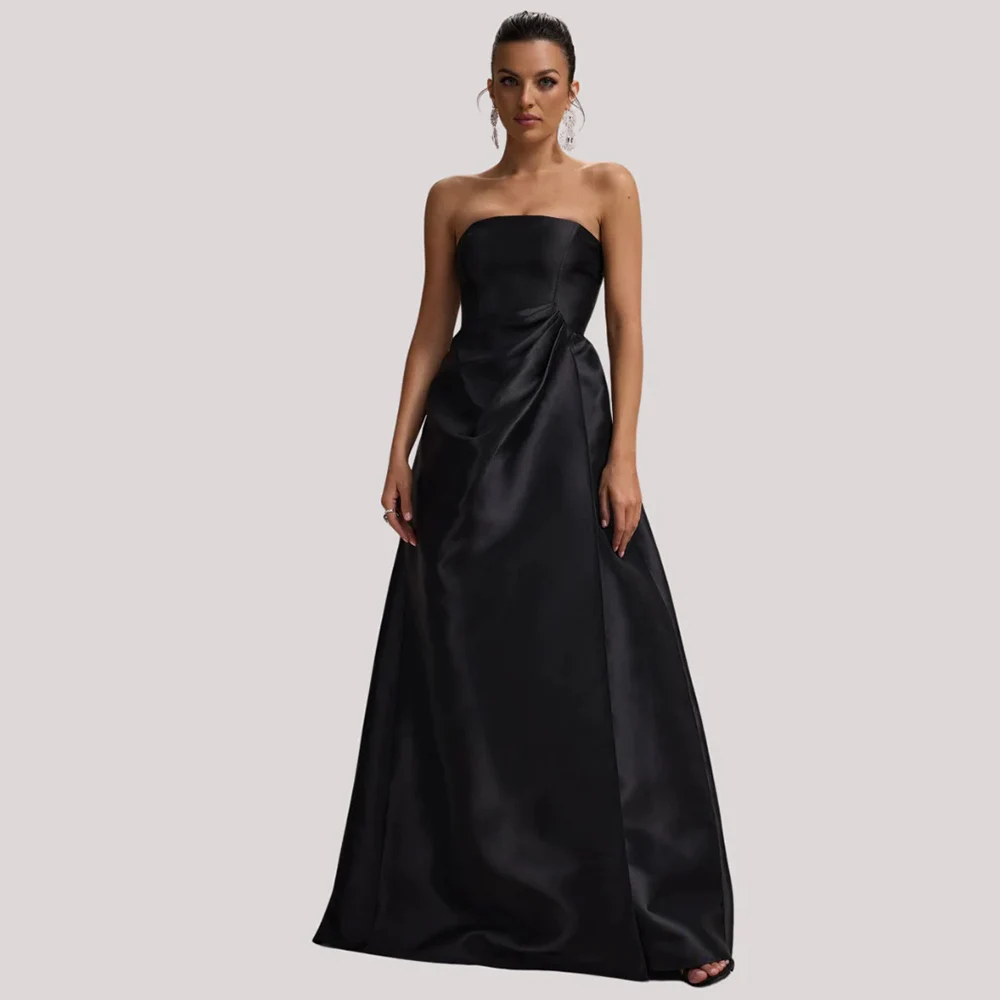 

Simple Black Evening Dresses 2025 Satin A-line Elegant Party Dress Strapless Pleat Zipper Modern Prom Gown Long