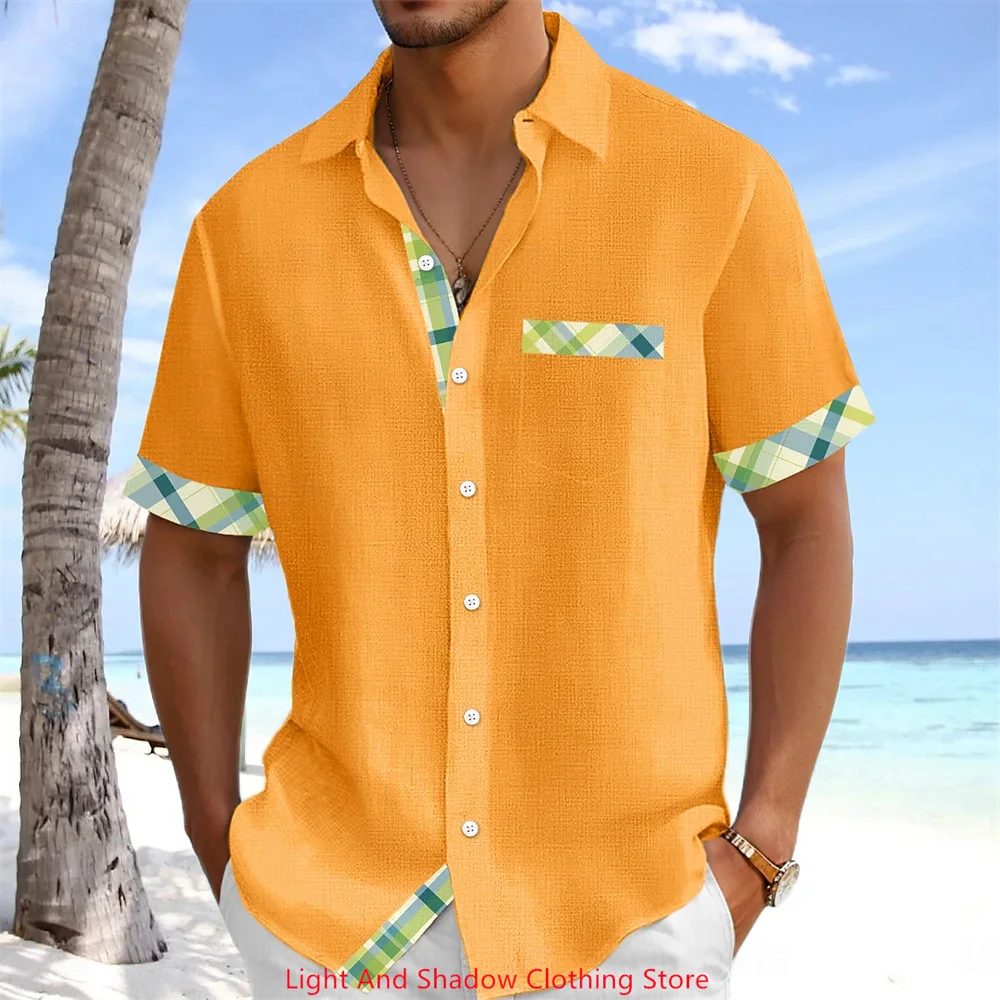 

Men's Hawaiian Beach Breathable Linen Shirt Fashionable Outdoor Casual Short Sleeve Collar Spliced Printed Pocket Quick Shipping
