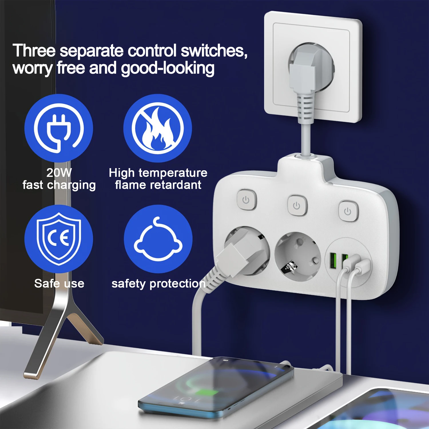 EU KR Plug Power Strip AC Outlets Multitap Electrical Wall Socket Extension Cord With USB C Ports Fast Charging Network Filter