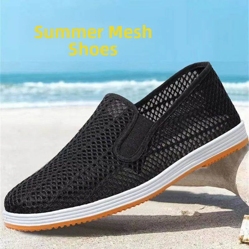 Men's Summer Breathable Hollow Mesh Casual Shoes Super Soft Slip-On Beijing Net Shoes Quick Dry Lightweight Comfortable Sneakers