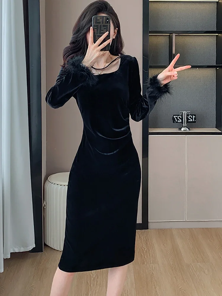 Otoño Mujer Moda Terciopelo Sin Tirantes Volante Mini Vestido