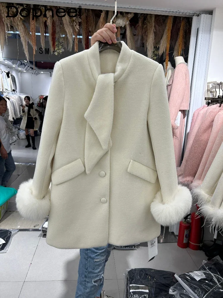 

Winter Bow Tie Korean Version Mid Length Down Woolen Jacket Women's High-end Celebrity Style Cuffs Fur Stitching Coat 2024 New