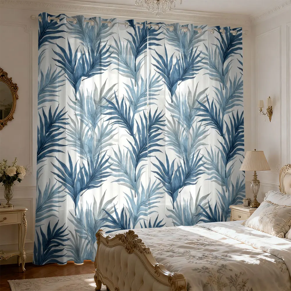 2pcs Blue Palm Leaf Print Curtains With Holes Double Sided For Living Room Bedroom Light Blocking Home Window Decoration