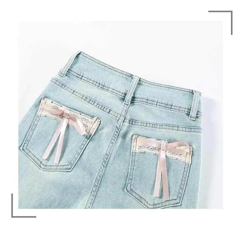 2025 New Arrival Women\'s Light Peach Butt Flare Jeans Summer Thin High Waist Petite Butterfly Knot Bell-bottoms
