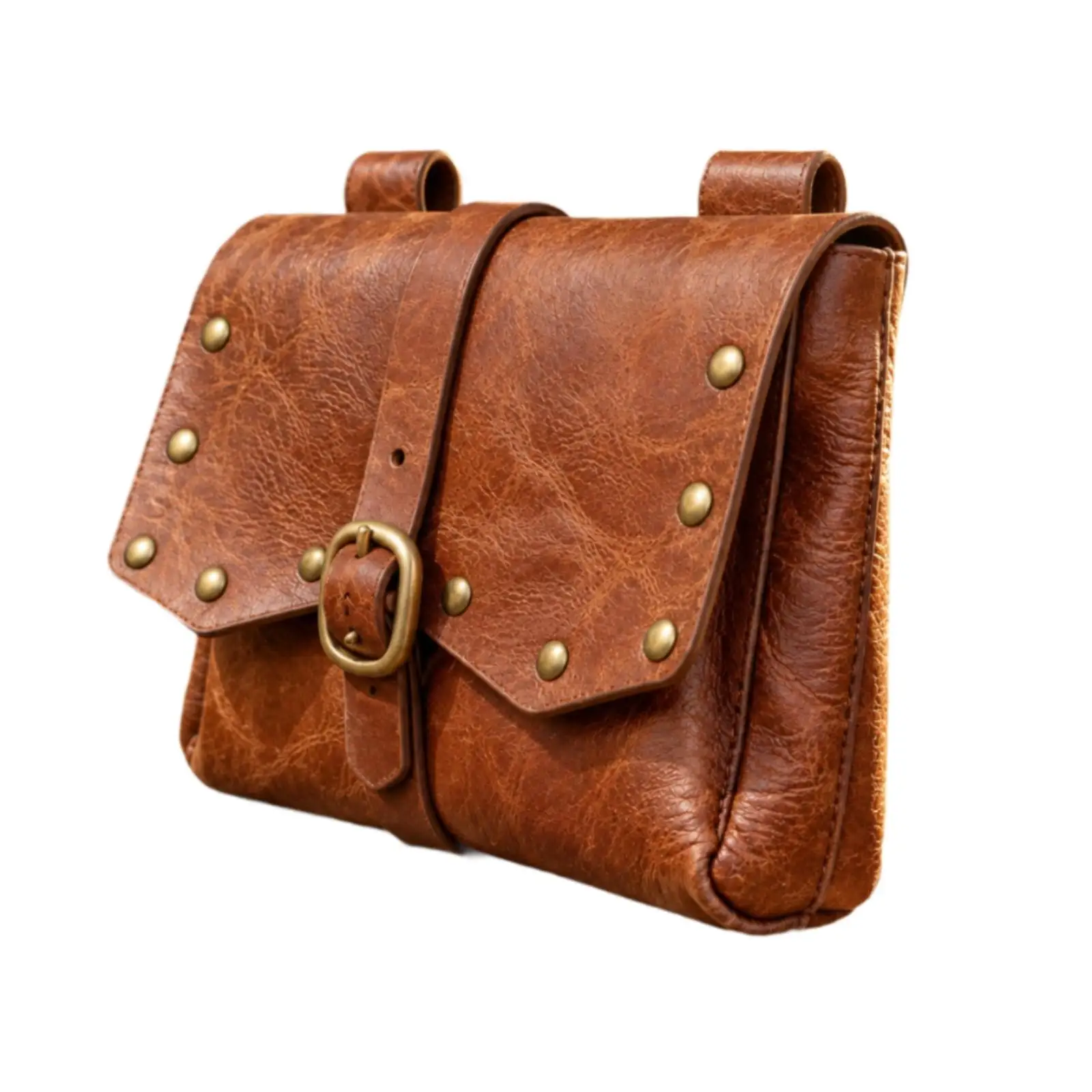 Vintage Waist Pouch Brown PU Leather Floral Embossed Crossbody Bag for Women Cosplay Medieval Festival Side Bag