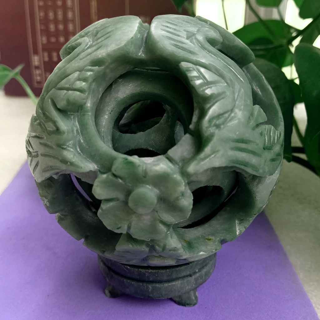 Home Decoration Green Jade Globe Handwork Carven 4 Layers Sphere Ball Good Geomantic Omen Ornament