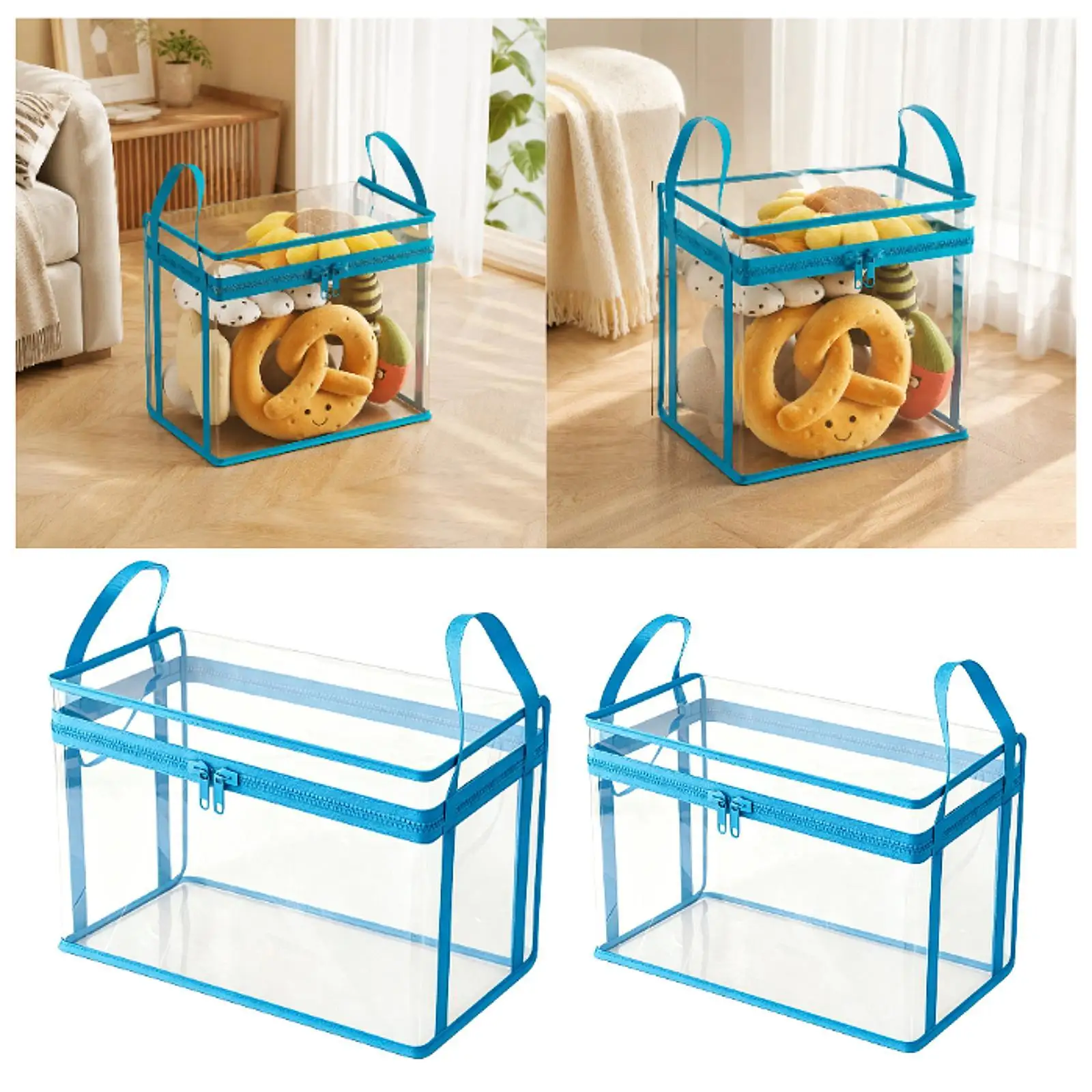 PVC Toy Storage Box Plush Stuffed Animal Organizer Clear Display Bin with Zipper Handle for Children Bedroom Nursery Playhouse