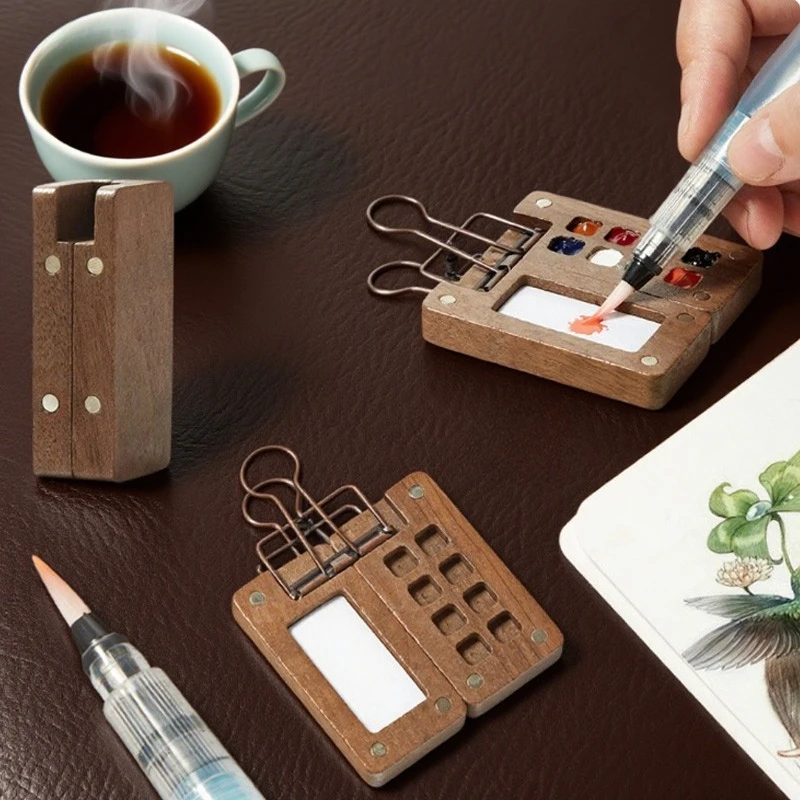 

8color Walnut Mini Watercolor Empty Palette Box Magnetic Design Easy To Store Painting Sketch Travel Painting Color Adjustment