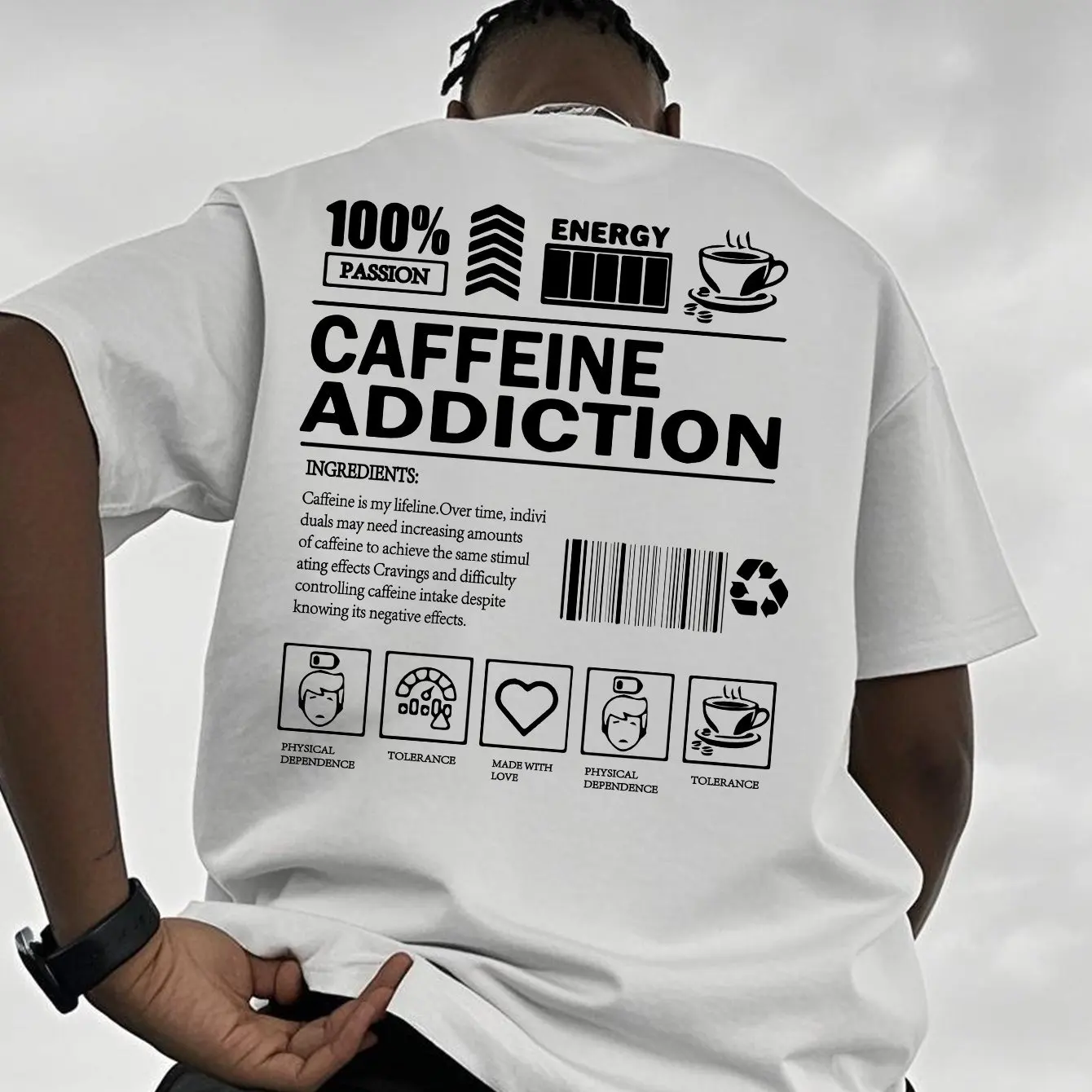 Men'S Cotton Caffeine Addiction Graphic T-Shirt Casual Summer Short Sleeve Tee Barcode Coffee Cup Loose Fit Perfect Attire
