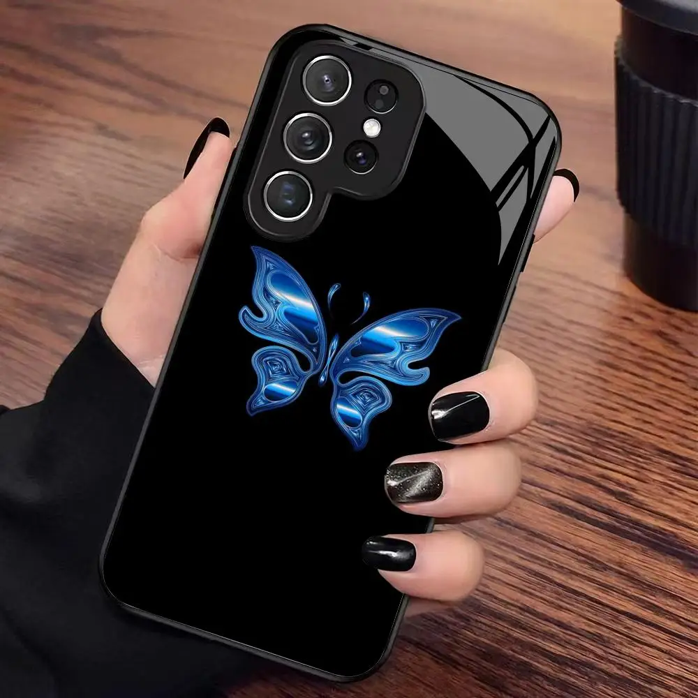 Blue butterfly tempered glass phone case suitable for Samsung Galaxy S26 S25 S24 S23 S22 S20 FE/Ultra/Plus anti drop back cover