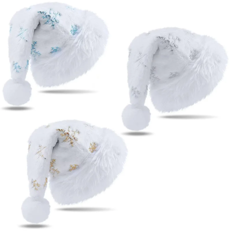 2025 NEUE 32 * 45 cm weiße Plüsch-Weihnachtsmütze, Gold-Silber-Perlen, Schneeflocke, bestickt, für Erwachsene, Weihnachtsmützen, Urlaub, Heimdekoration