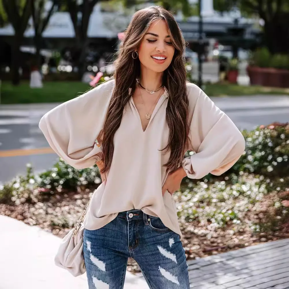 Women's Spring/Summer Style Loose Interior Shirt Women's Casual Long Sleeve Lantern Sleeve V-neck Solid Color Shirt Top