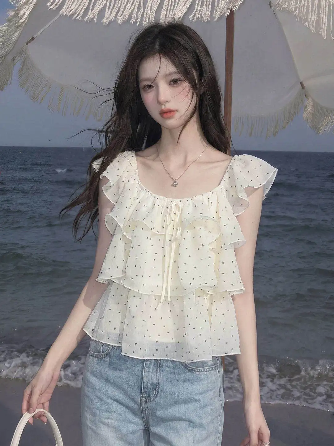

Sweet Style Polka Dot Chiffon Shirt Women's Summer 2026 Fashionable Young Looking Small Flying Sleeve Top Breathable Skin-Fri...