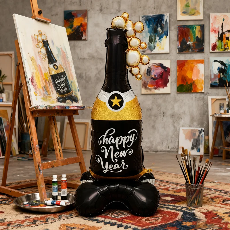1 قطعة قاعدة حامل سنة جديدة سعيدة موضوع هدية صندوق زجاجة شمبانيا شكل احباط بالونات 2026 زينة السنة الجديدة نافيداد ديكور