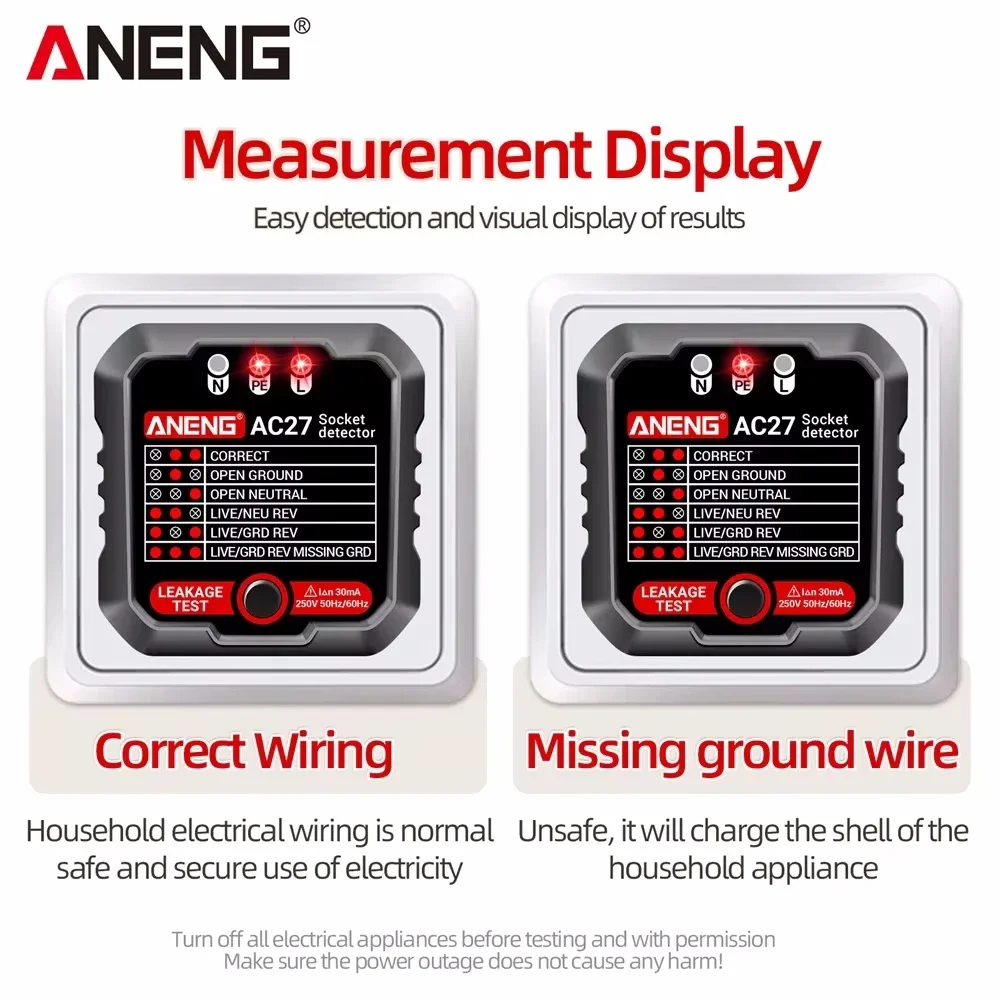 Imagem -05 - Soquete Tester Teste de Tensão Soquete Detector Ground Zero Line Polaridade Phase Check Tool Circuit Checker ue Eua Plug Aneng-ac27