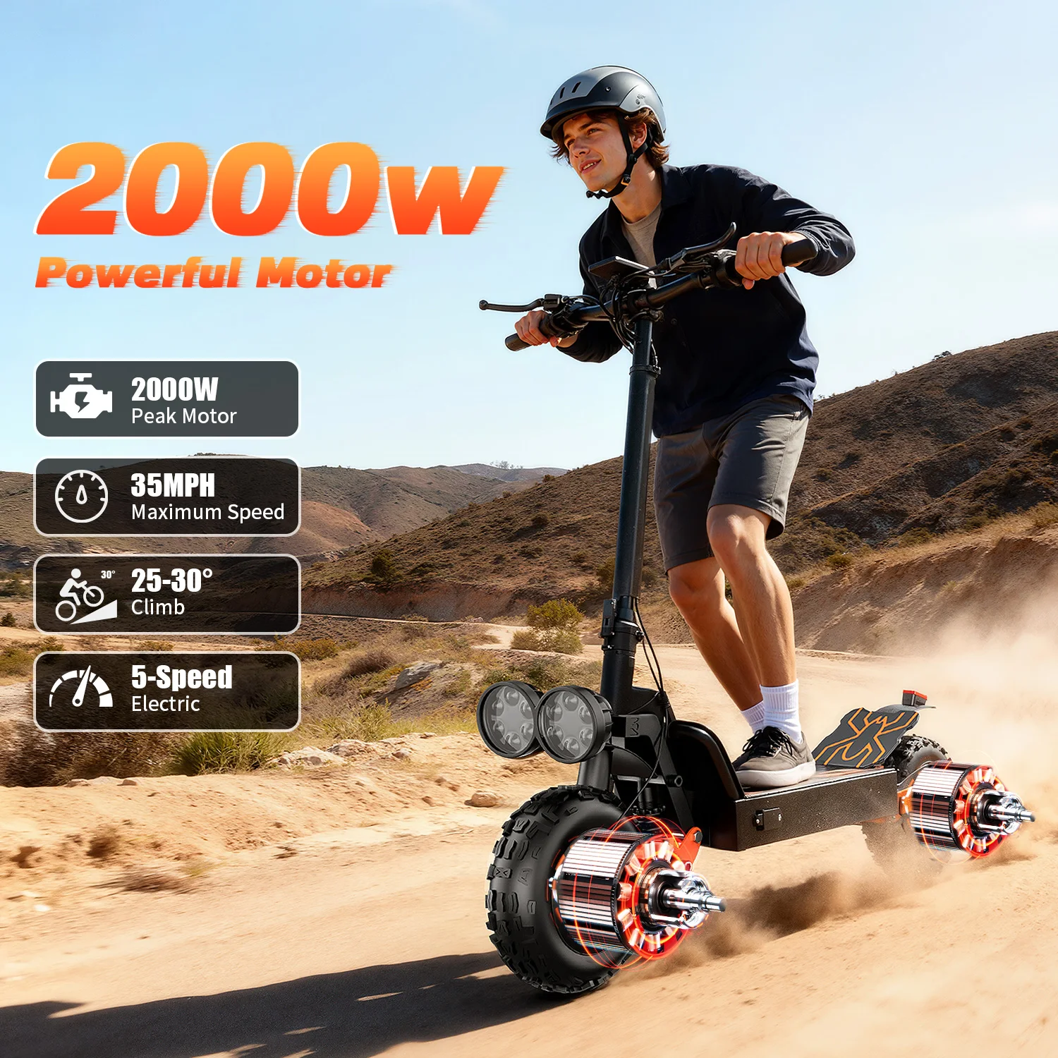 

Внедорожный электросамокат для взрослых, 3000 Вт, два двигателя, скорость до 35 миль/ч и запас хода до 70 миль, аккумулятор 48В 20Ач, 11-дюймовые вседорожные шины.