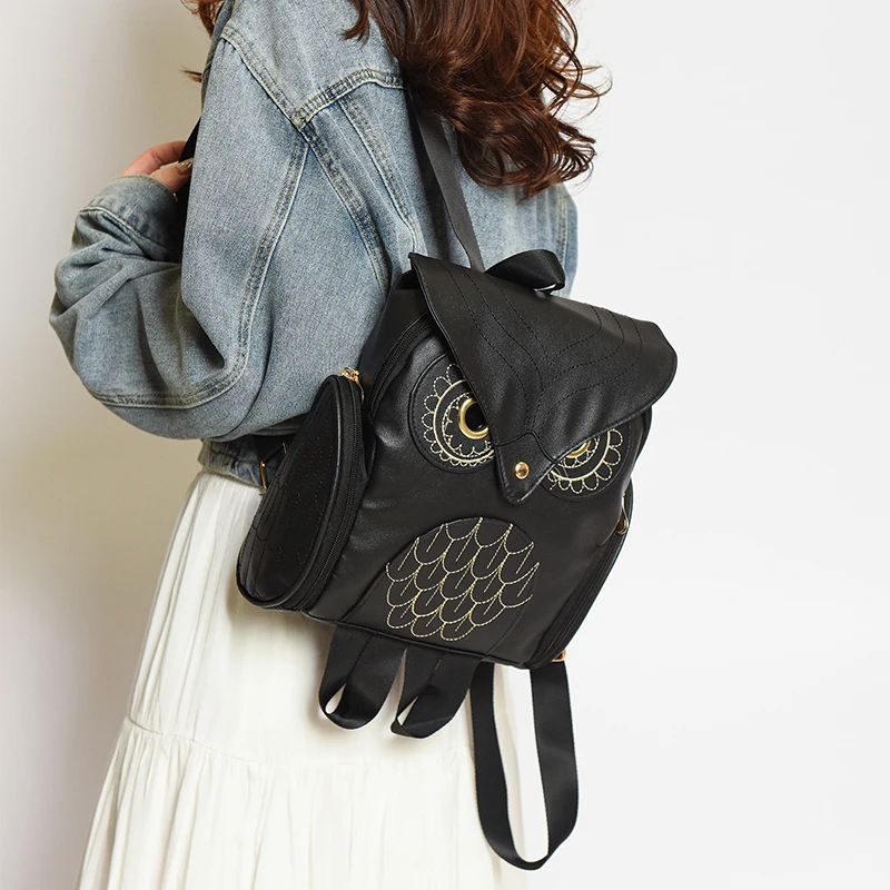 Women Backpack Stylish Cool Black PU Leather Owl Backpack Female Hot Sale Women Bag bagpack for girls