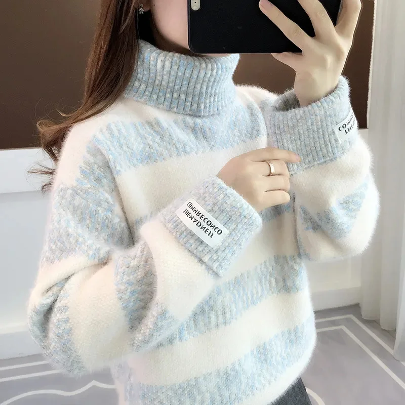 Y2K Spring Autumn High-Necked Sweater 2024 New Thicken Women's Clothes Pullover Top Fashion Stripe Loose Female Knitwear Blouse