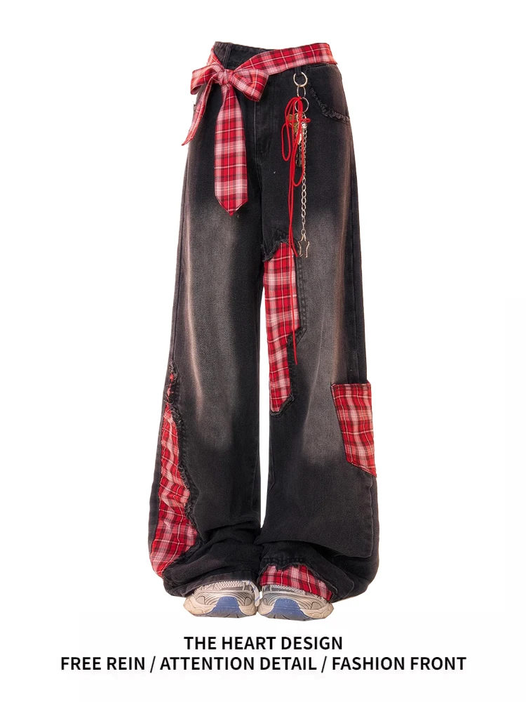 

American Sweet Cool Sle Patchwork Loose Wide Leg Jeans High Waist Casual Long Trousers for Women Spring 2025 Faion