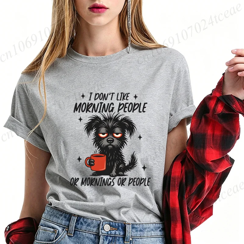 Women Funny Dog Coffee T‑Shirt I Don't Like Morning People Graphic Tees Lazy Puppy Print Short Sleeve Casual Loose Tops Gift