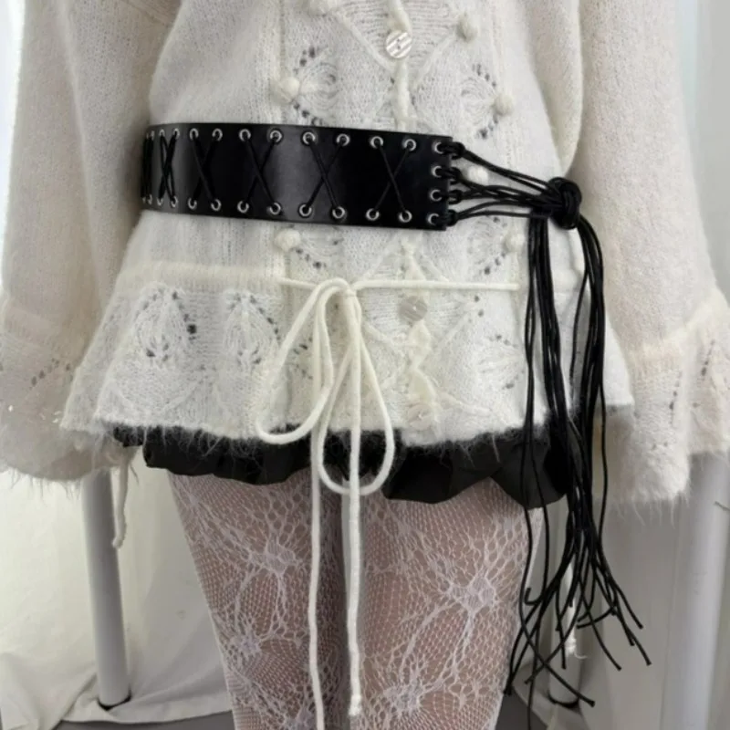 New Retro Personalized Corn Strap Design Belts Black Pu Leather Side Lace Decorative Belt for Women Niche Tassel PU Belts