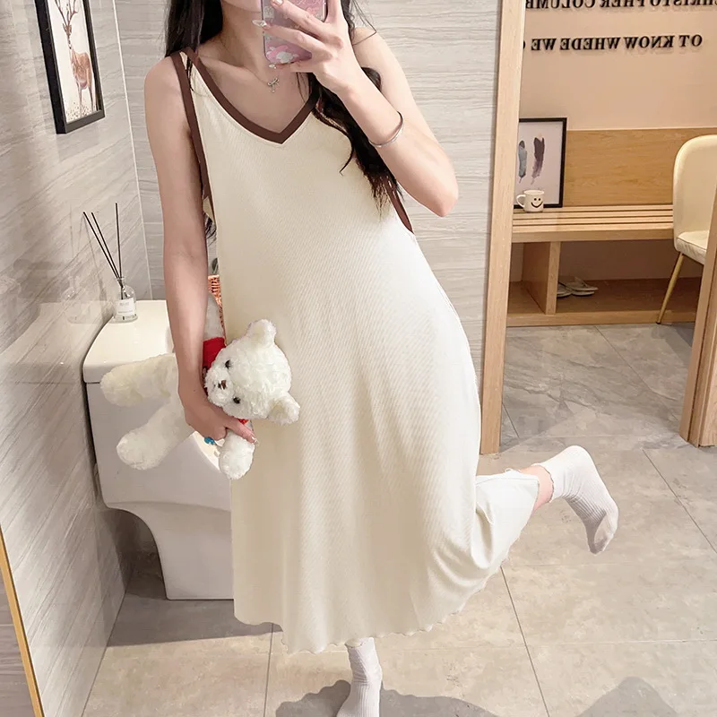 Nightdress with chest pad women's sleeveless suspender thread ice silk casual korean loose can be worn outside loungewear