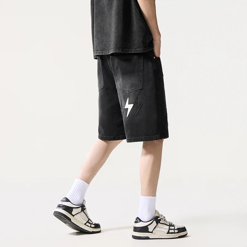 Men's Black Denim Shorts 2026 Summer Brand New Style Classic Lightning Bolt Leather Decals Straight Loose Shorts High Street