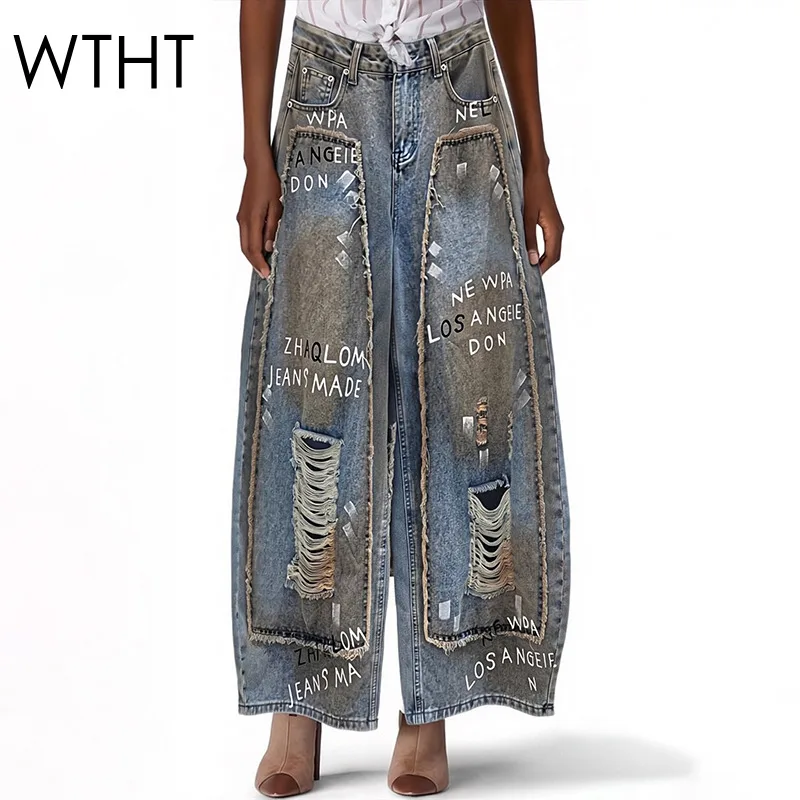 WTHT Trendy 2026 Summer Women Patchwork Letter Graffiti hole Straight Jeans Loose Burr Edge Denim Denim Pants Female 1LS3064