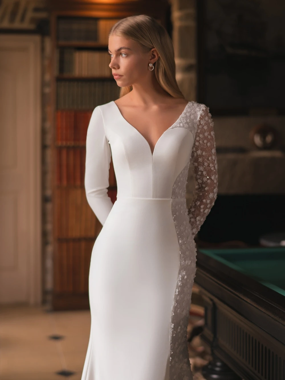 Glamorous Long Sleeved Bridal Dress With Floral Lace, Modern Deep V Neck Mermaid Wedding Gown For Bride, Customized, Popular