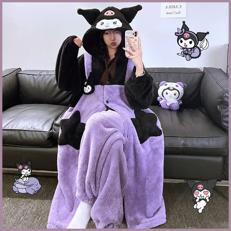 

Женская плюшевая пижама Kuromi в стиле аниме, комплект халатов Sanrioed, домашняя одежда для девочек с героями мультфильмов My Melody, зимняя длинная стильная утолщенная ночная рубашка, милая