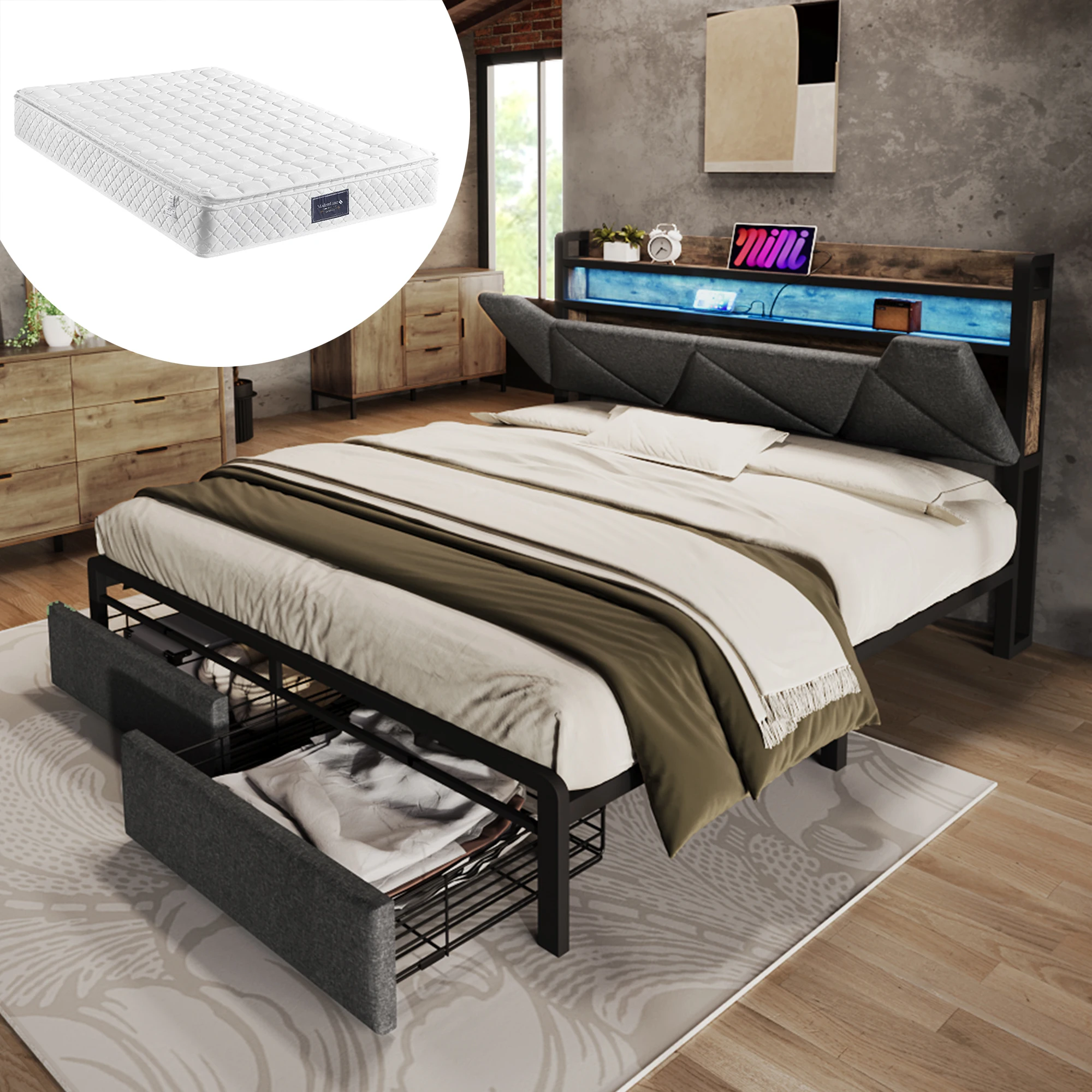 Lit double rembourré 140x200 avec chargeur USB Type C, tête de lit avec rangement, éclairage LED et tiroirs.