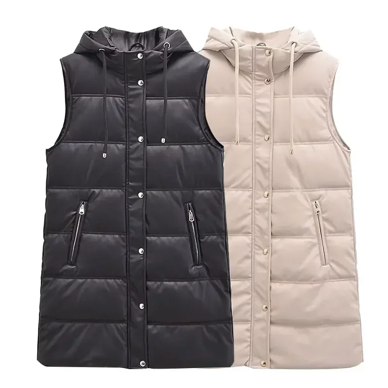 Women's Vest Fashion Winter Faux Leather Padded Long Jacket Hooded Coat White Sleeveles PU Female Waistcoat Chic Clothes Tops