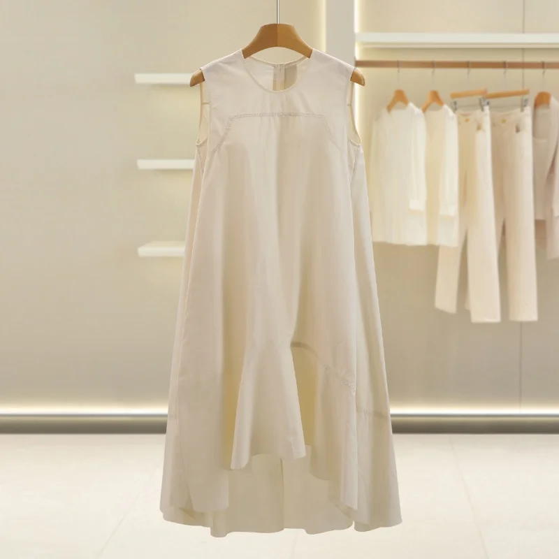 

Spring Pure Color round Ne Svel Asymmetrical Dr Korean Sle High Waist A-Line Cotton Casual Women's Dr