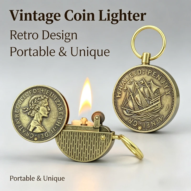 

New Retro Coin Lighter with Keychain Ring Portable Funny Gadget Exquisite Design Cool Collectible Smoking Accessory