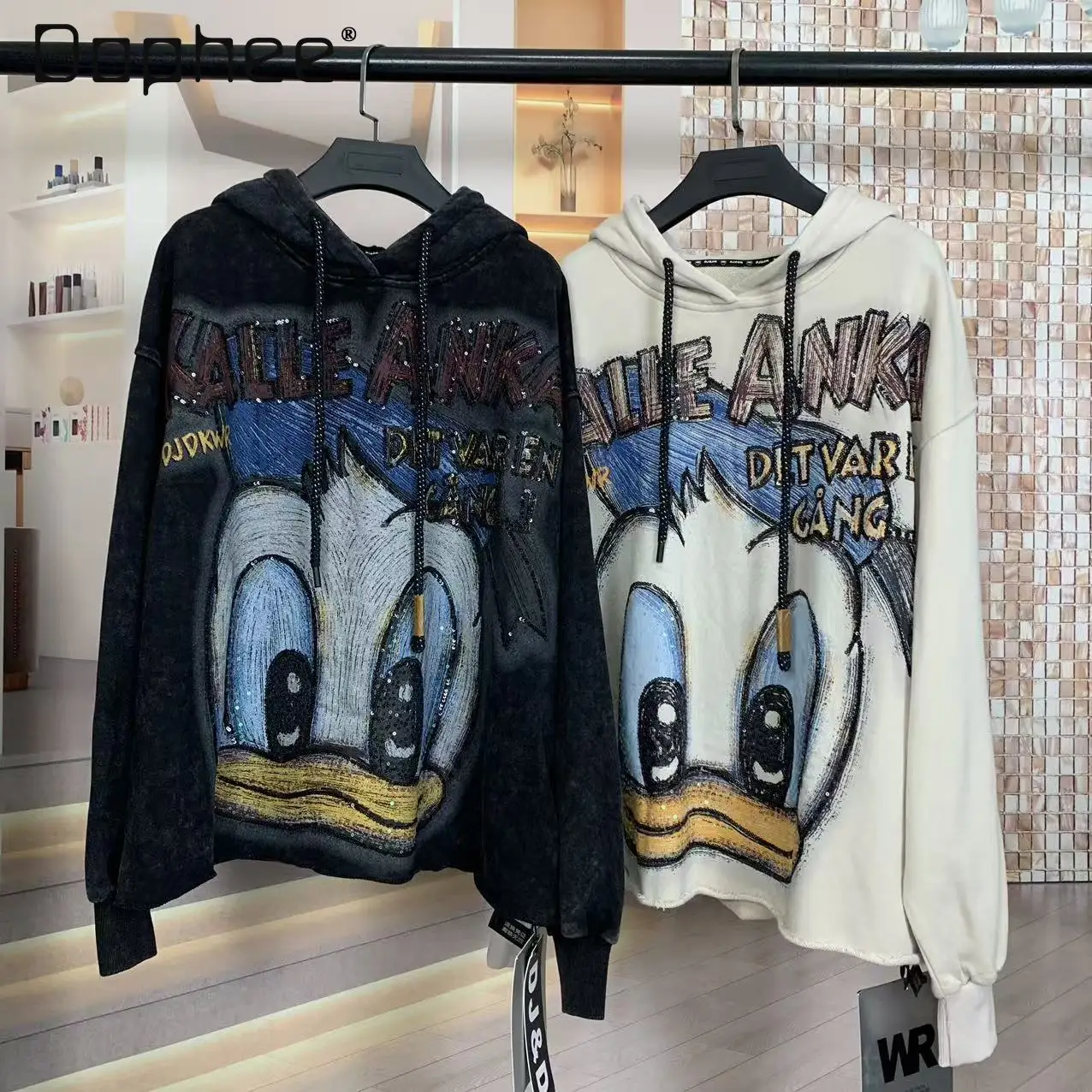 

Trendy Brand Autumn New Heavy Craft Cartoon Sequin Hoodies Women Fashion Oversized Loose Hooded Sweatshirt Balck Top